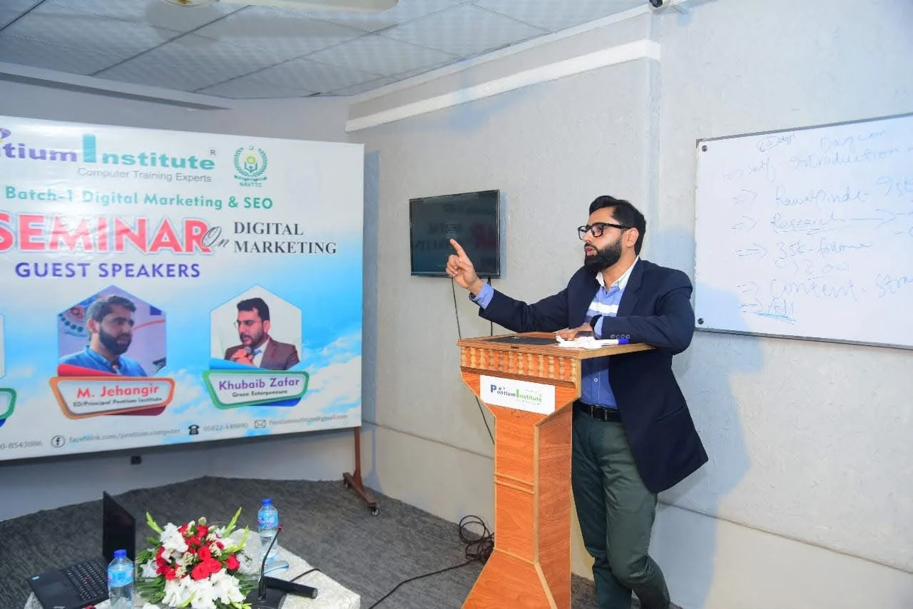 Muhammad Jehangir, Principal and ED of Pentium Institute, speaking at a Digital Marketing and SEO seminar in Muzaffarabad